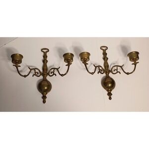 Pair Wall-Mounted Brass Gold 2-Arm Candelabra Candle Holder, Dark Academia